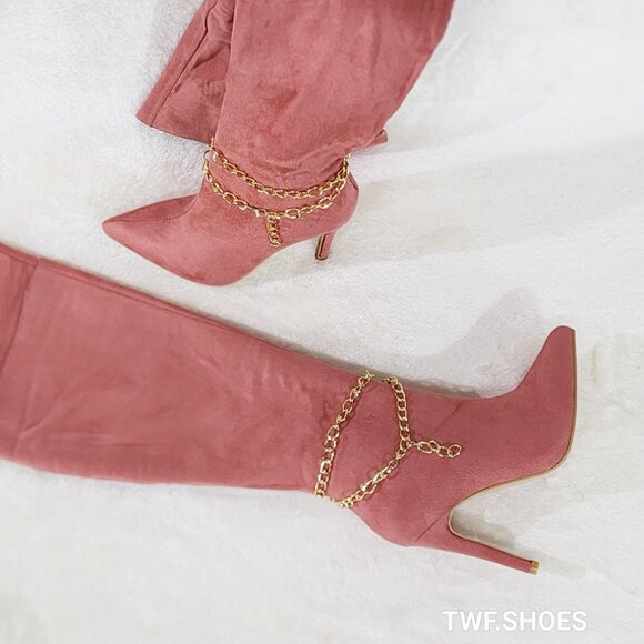 Bad Girlz Dusty Rose Blush Pink Faux Suede Wide Top Thigh High Boots Chain - Picture 13 of 14